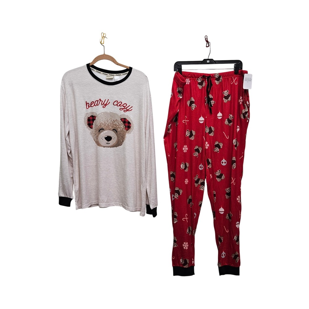 Dearfoams Pajama Set Mens XL Red‎ Cream Beary Cozy Holiday Christmas Sleepwear